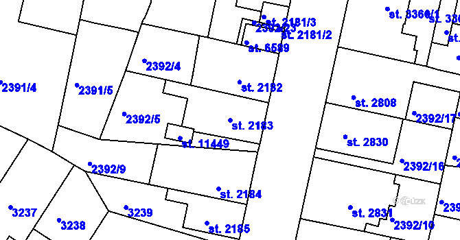 Parcela st. 2183 v KÚ Pardubice, Katastrální mapa