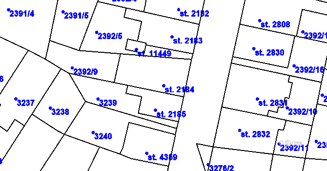 Parcela st. 2184 v KÚ Pardubice, Katastrální mapa