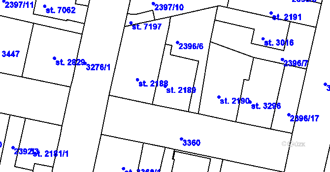 Parcela st. 2189 v KÚ Pardubice, Katastrální mapa