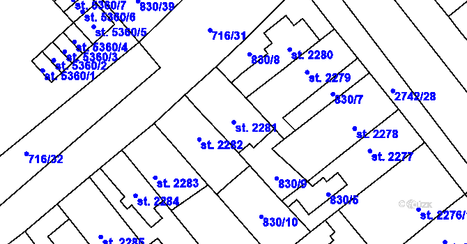 Parcela st. 2281 v KÚ Pardubice, Katastrální mapa