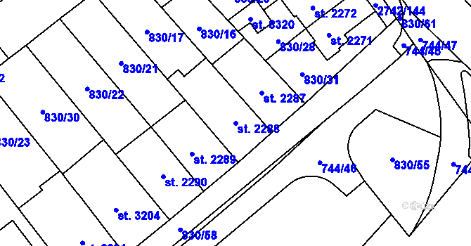 Parcela st. 2288 v KÚ Pardubice, Katastrální mapa