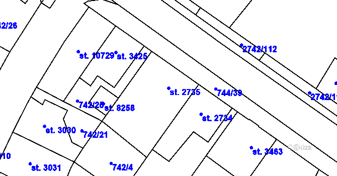 Parcela st. 2735 v KÚ Pardubice, Katastrální mapa