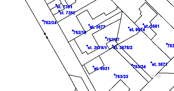 Parcela st. 3678/1 v KÚ Pardubice, Katastrální mapa