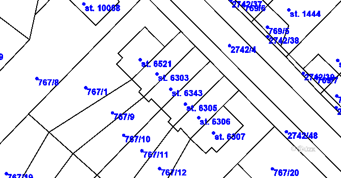 Parcela st. 6343 v KÚ Pardubice, Katastrální mapa