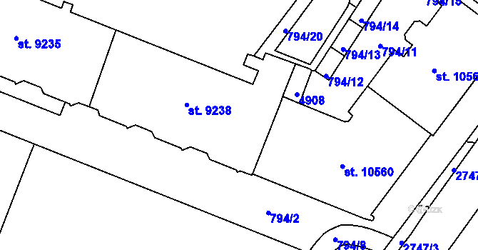 Parcela st. 9238 v KÚ Pardubice, Katastrální mapa