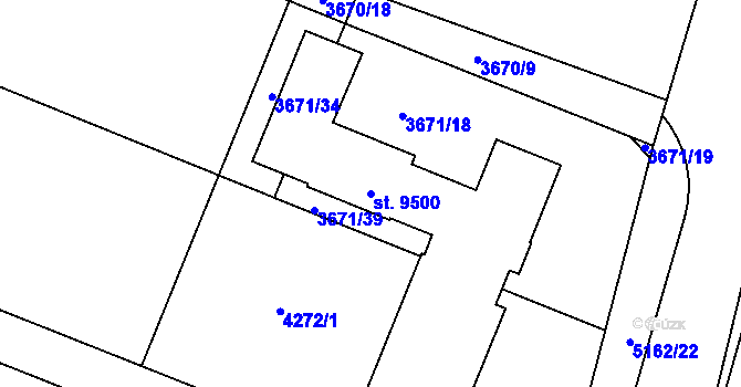 Parcela st. 9500 v KÚ Pardubice, Katastrální mapa
