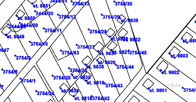 Parcela st. 9837 v KÚ Pardubice, Katastrální mapa
