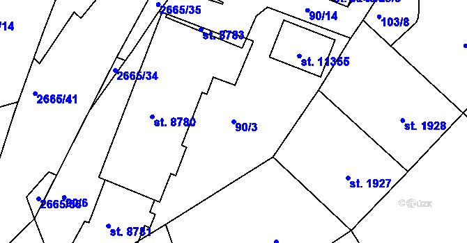 Parcela st. 90/3 v KÚ Pardubice, Katastrální mapa