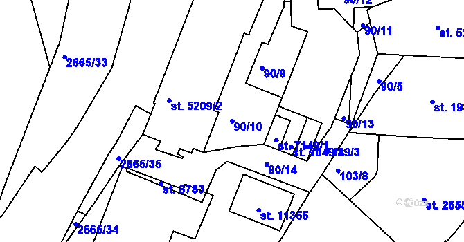 Parcela st. 90/10 v KÚ Pardubice, Katastrální mapa