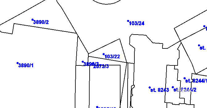 Parcela st. 103/22 v KÚ Pardubice, Katastrální mapa