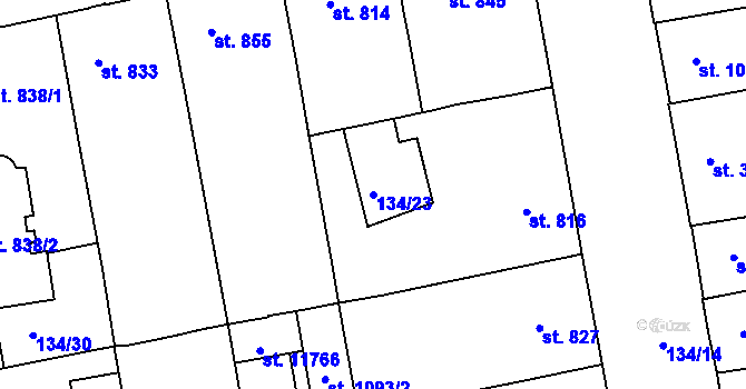 Parcela st. 134/23 v KÚ Pardubice, Katastrální mapa