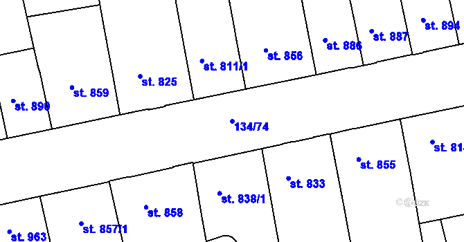 Parcela st. 134/74 v KÚ Pardubice, Katastrální mapa