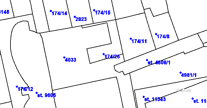 Parcela st. 174/26 v KÚ Pardubice, Katastrální mapa