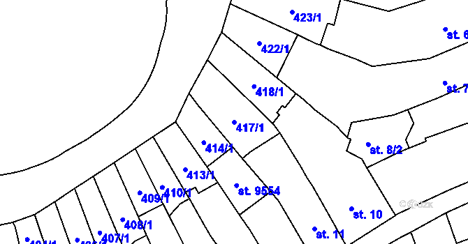 Parcela st. 417/1 v KÚ Pardubice, Katastrální mapa