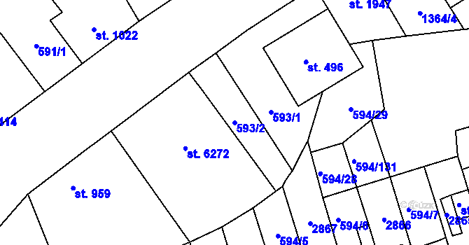 Parcela st. 593/2 v KÚ Pardubice, Katastrální mapa