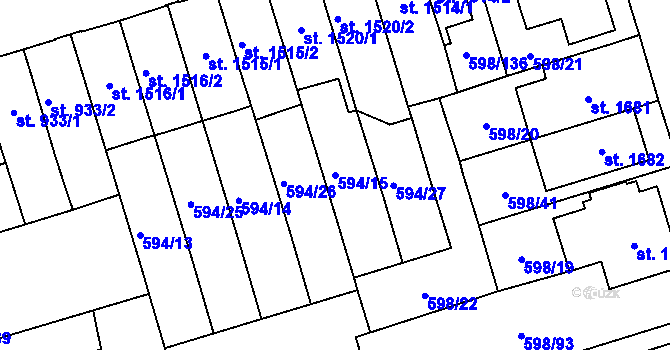 Parcela st. 594/15 v KÚ Pardubice, Katastrální mapa