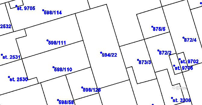 Parcela st. 594/22 v KÚ Pardubice, Katastrální mapa