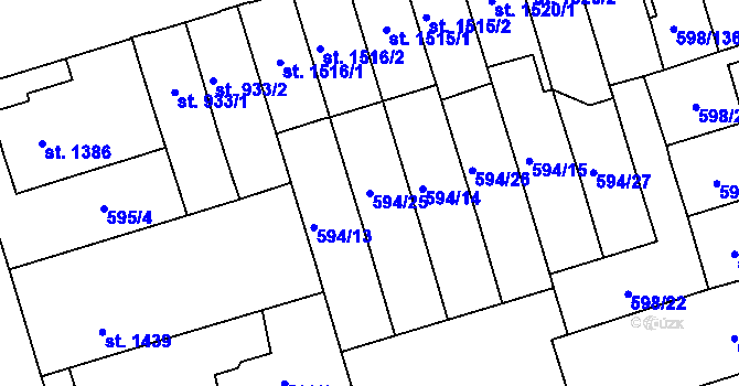 Parcela st. 594/25 v KÚ Pardubice, Katastrální mapa