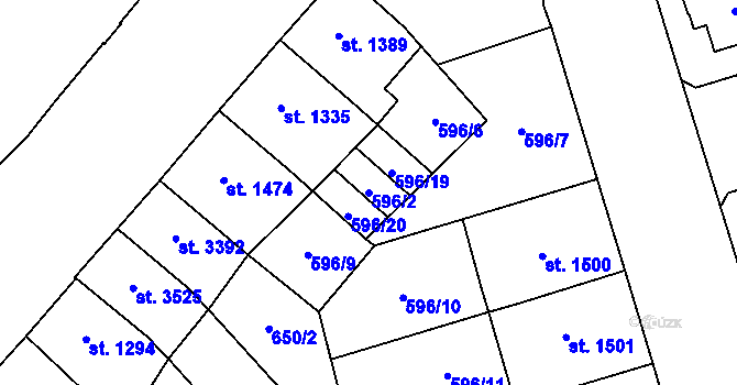 Parcela st. 596/2 v KÚ Pardubice, Katastrální mapa