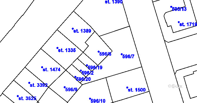 Parcela st. 596/6 v KÚ Pardubice, Katastrální mapa