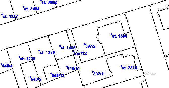 Parcela st. 597/2 v KÚ Pardubice, Katastrální mapa