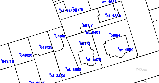 Parcela st. 597/3 v KÚ Pardubice, Katastrální mapa