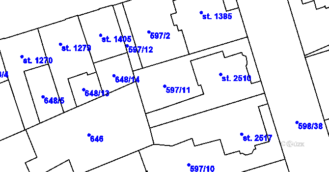 Parcela st. 597/11 v KÚ Pardubice, Katastrální mapa