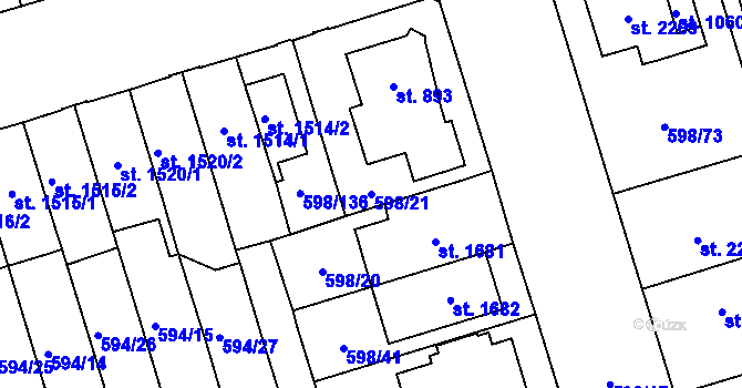 Parcela st. 598/21 v KÚ Pardubice, Katastrální mapa