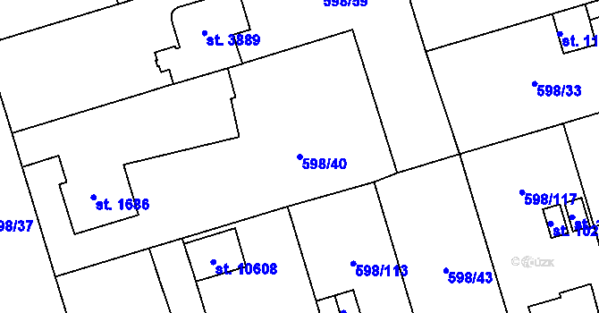 Parcela st. 598/40 v KÚ Pardubice, Katastrální mapa