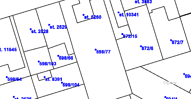 Parcela st. 598/77 v KÚ Pardubice, Katastrální mapa