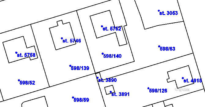 Parcela st. 598/140 v KÚ Pardubice, Katastrální mapa