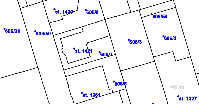 Parcela st. 606/7 v KÚ Pardubice, Katastrální mapa