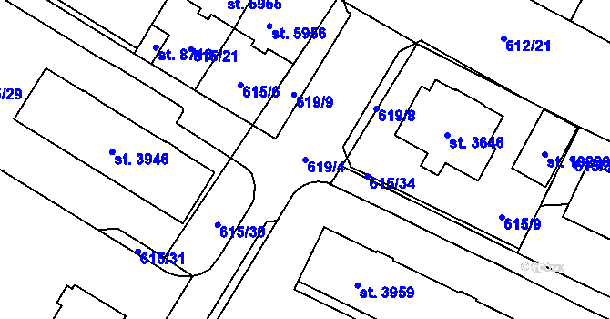 Parcela st. 619/4 v KÚ Pardubice, Katastrální mapa
