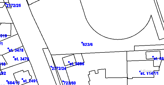 Parcela st. 623/6 v KÚ Pardubice, Katastrální mapa
