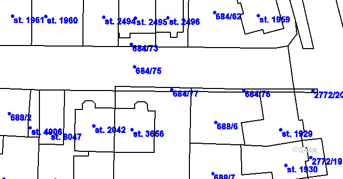 Parcela st. 684/77 v KÚ Pardubice, Katastrální mapa
