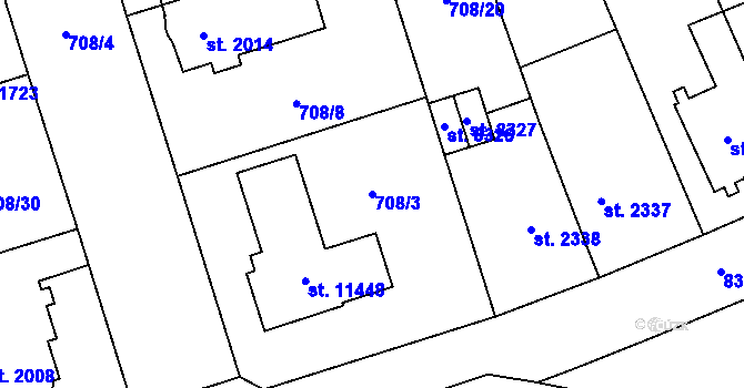 Parcela st. 708/3 v KÚ Pardubice, Katastrální mapa