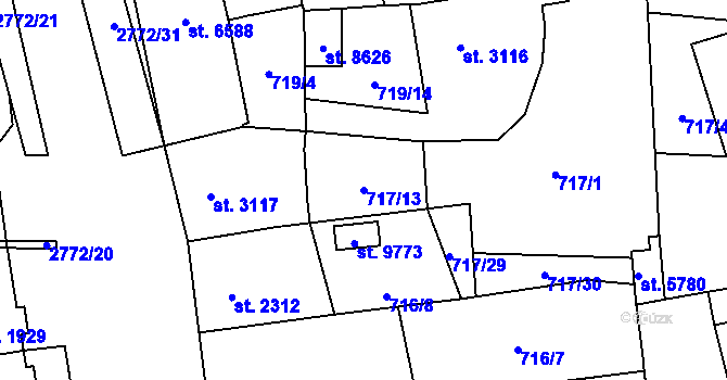 Parcela st. 717/13 v KÚ Pardubice, Katastrální mapa