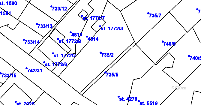 Parcela st. 735/2 v KÚ Pardubice, Katastrální mapa