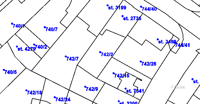 Parcela st. 742/2 v KÚ Pardubice, Katastrální mapa