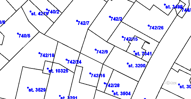 Parcela st. 742/9 v KÚ Pardubice, Katastrální mapa