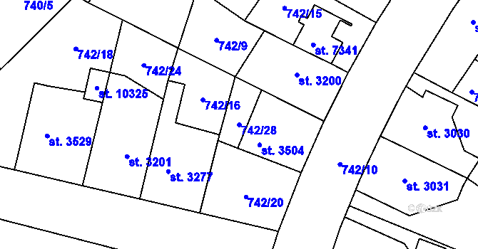 Parcela st. 742/28 v KÚ Pardubice, Katastrální mapa