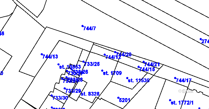 Parcela st. 744/12 v KÚ Pardubice, Katastrální mapa
