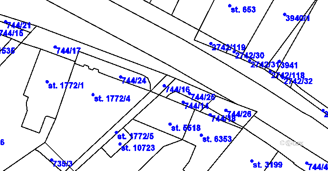 Parcela st. 744/16 v KÚ Pardubice, Katastrální mapa