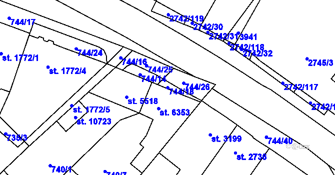 Parcela st. 744/18 v KÚ Pardubice, Katastrální mapa