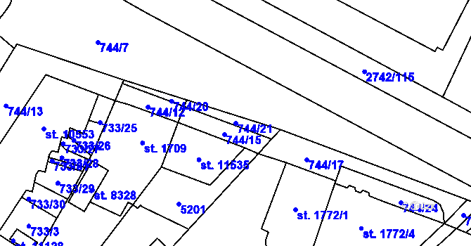 Parcela st. 744/21 v KÚ Pardubice, Katastrální mapa