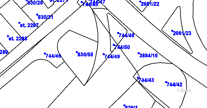 Parcela st. 744/49 v KÚ Pardubice, Katastrální mapa