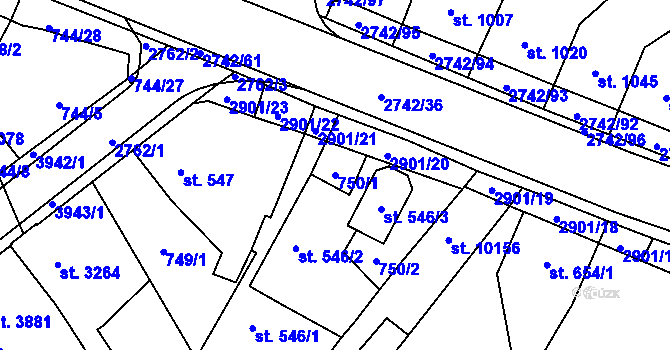 Parcela st. 750/1 v KÚ Pardubice, Katastrální mapa