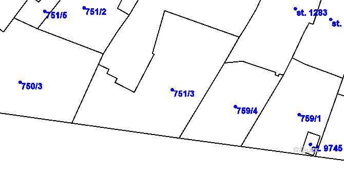 Parcela st. 751/3 v KÚ Pardubice, Katastrální mapa