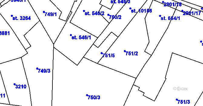 Parcela st. 751/5 v KÚ Pardubice, Katastrální mapa
