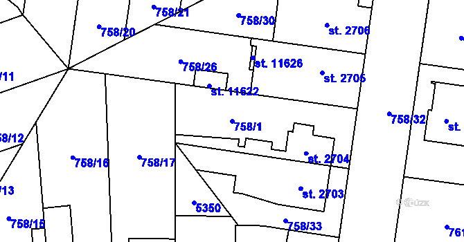 Parcela st. 758/1 v KÚ Pardubice, Katastrální mapa